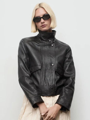 Black High Neck Leather Jacket