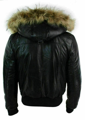 Black Shearling Leather Jacket with Fur Hood - Back