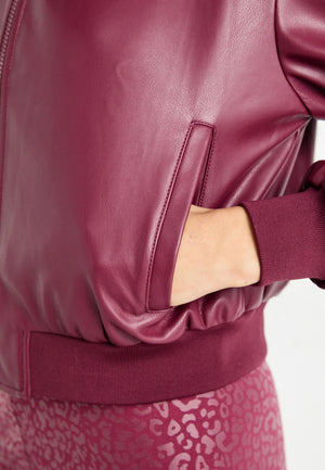 Burgundy zip up leather bomber women