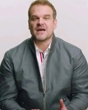 David Harbour Stranger Things Season 4 Grey Bomber Jacket