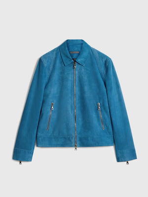 John Varvatos blue suede jacket front view