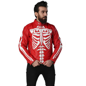 Men Red Skeleton Biker Motorcycle Genuine Leather Jacket
