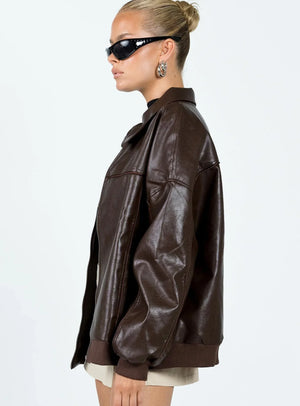 Princess-Polly-Goldsmith-Brown-Faux-Leather-Bomber-Jacket-Look