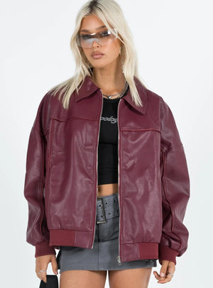 Princess-Polly-Goldsmith-Faux-Leather-Bomber-Jacket-In-Burgundy