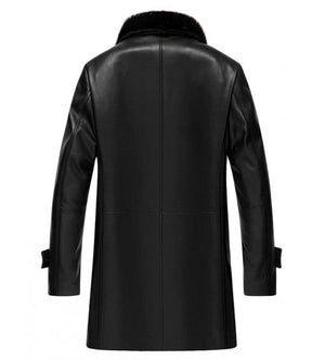 Black Leather Shearling 3/4 Length Coat with Fur Collar Zing Apparel