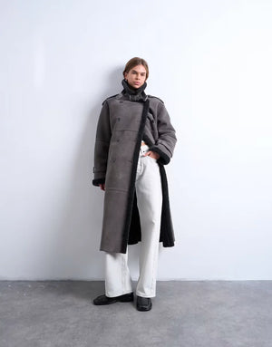 Topshop-Longline-Aviator-Faux-Shearling-Coat-In-Gray