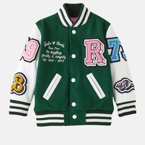 Leather Varsity Jacket For Women in Green & White Zing Apparel