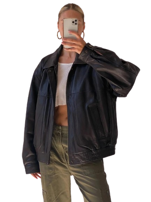 90’s Style Leather Bomber Jacket Women, Black Zing Apparel