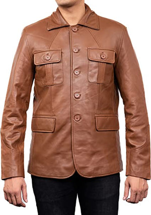 Tan Trench Leather Blazer Men, Brown Zing Apparel