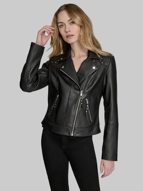 Women’s Addie Studded Asymmetric Moto Black Leather Jacket