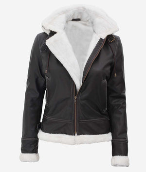 Black Leather Shearling Jacket For Women With Hood For Sale