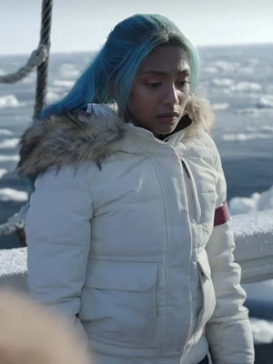 Charithra Chandran white parka jacket One Piece Season 2 look