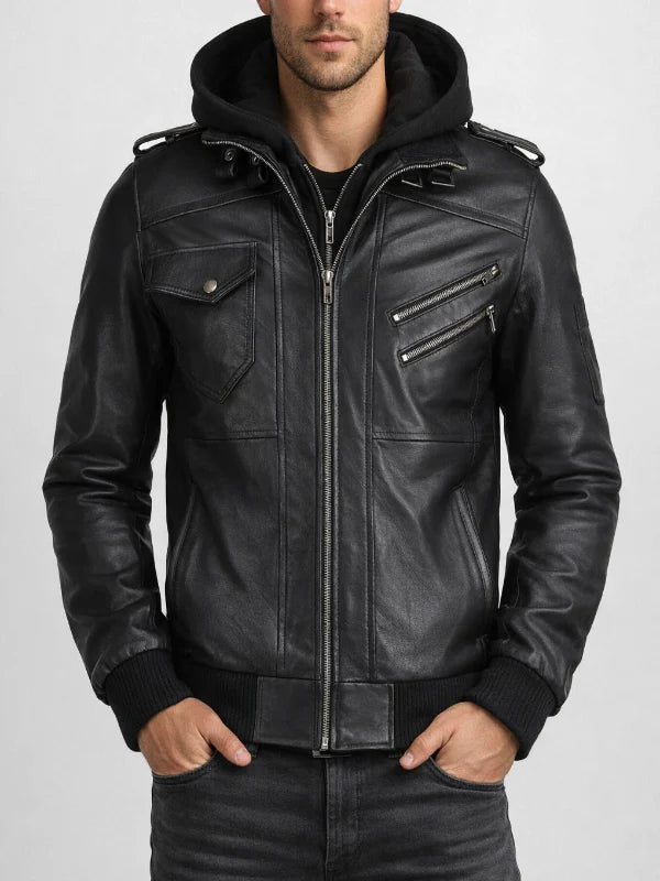 Christian Men’s Black Leather Bomber Jacket
