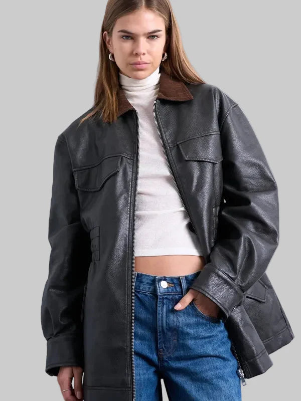 Cinch Waist Black Faux Leather Jacket