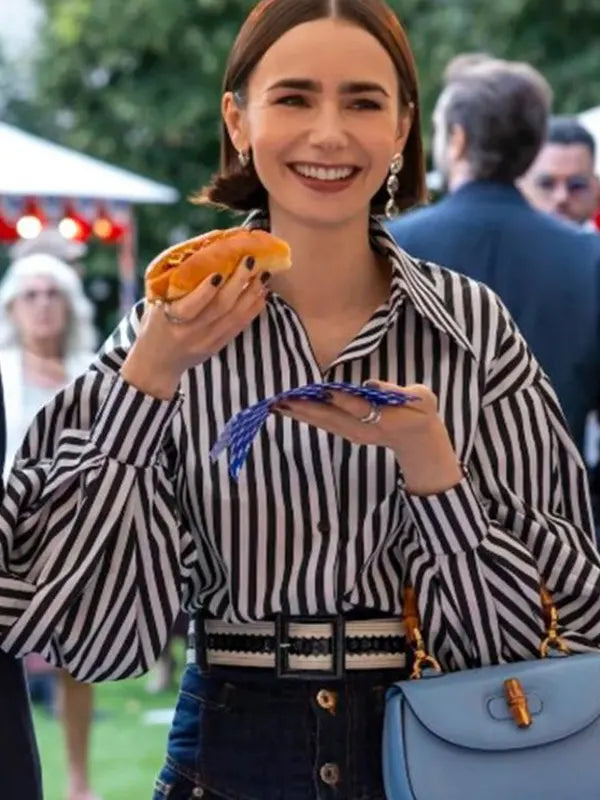 Emily In Paris S05 Lily Collins Striped Puff Sleeve Shirt
