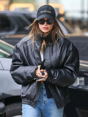 Hailey Bieber Black Bomber Leather Jacket Buy