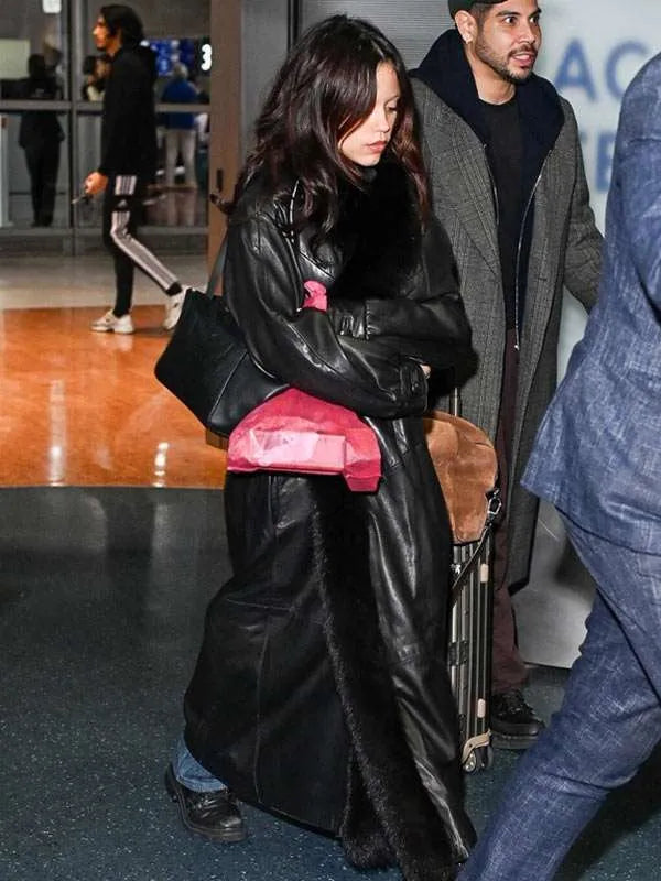Jenna Ortega Black Shearling Leather Coat