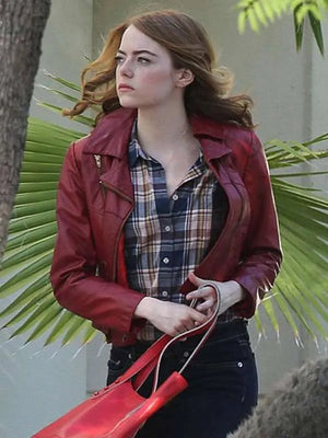  La La Land Emma Stone Maroon Leather Jacket