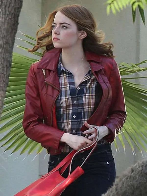  La La Land Emma Stone Maroon Leather Jacket