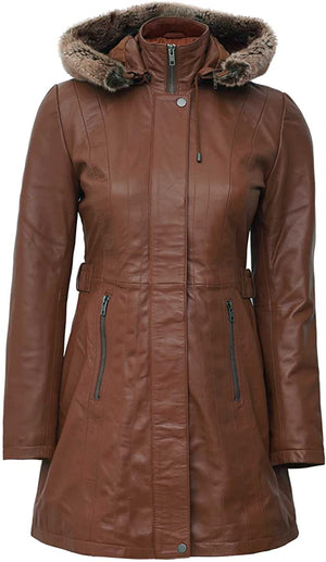 Leather Coat with Shearling Hood For Sale