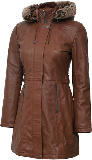 Leather Coat with Shearling Hood