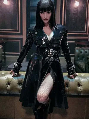 Lera Abova black leather coat sleek anime style look