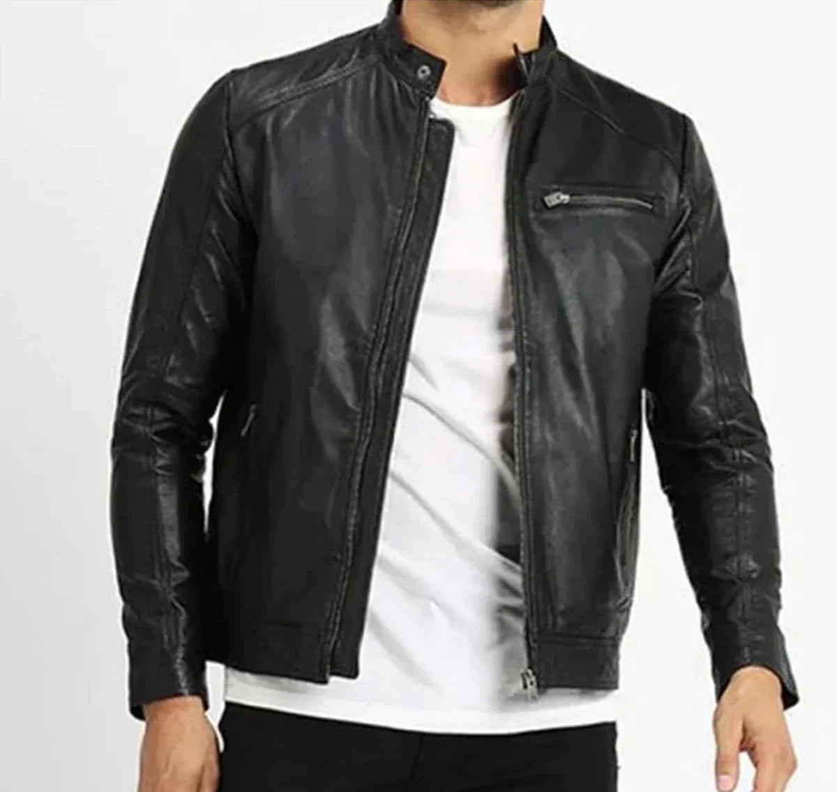 Men Black Collar Strap Leather Jacket Zing Apparel