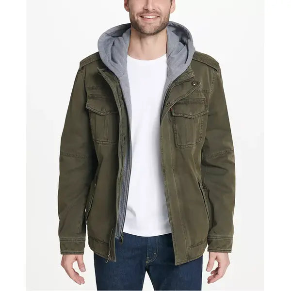 Mens Sherpa Lined Two Pocket Hooded Trucker Jacket