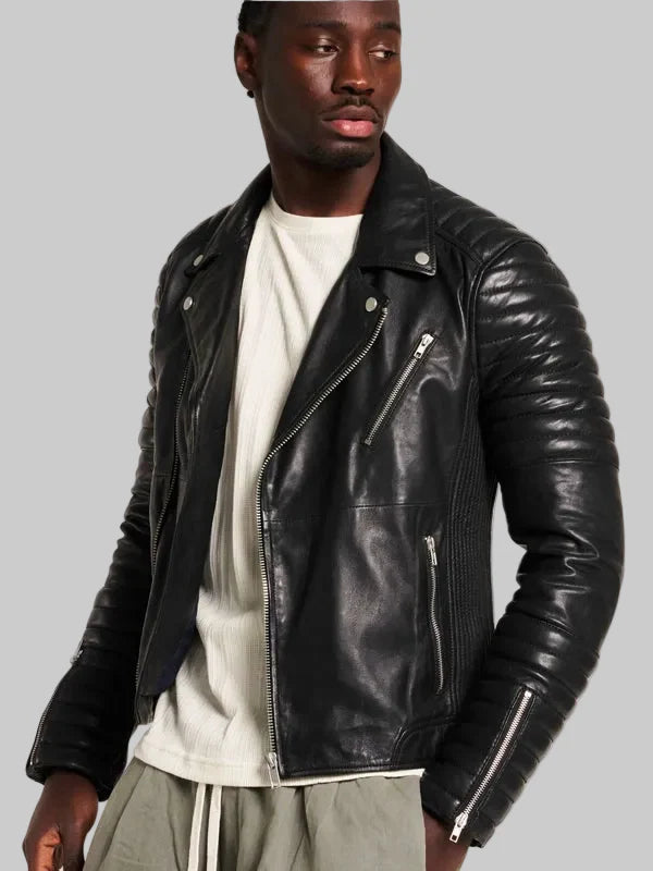 Men’s Black Leather Biker Jacket with Quilted Ribbed Sleeves