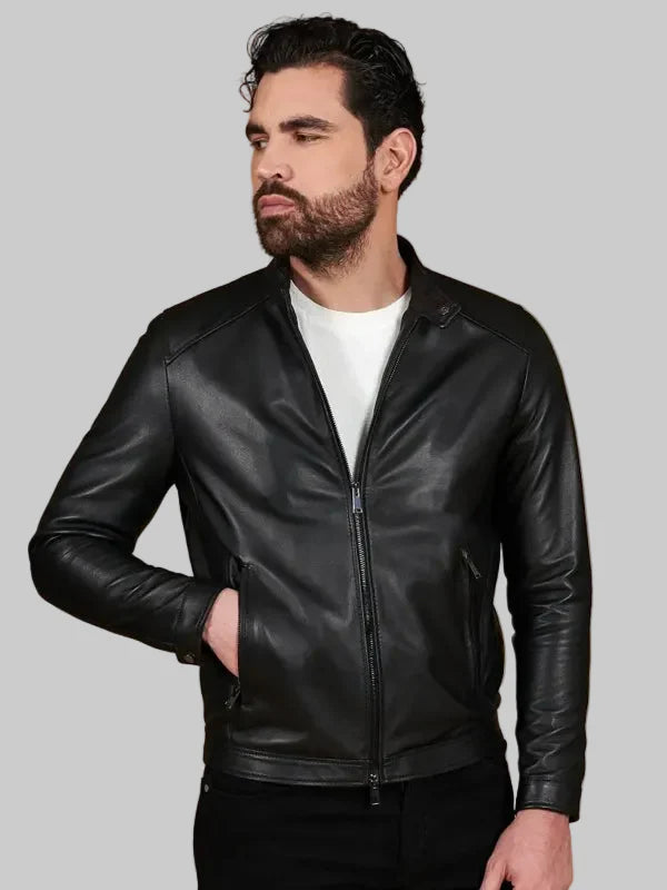 Men’s Black Nappa Lamb Leather Biker Jacket Korean Collar