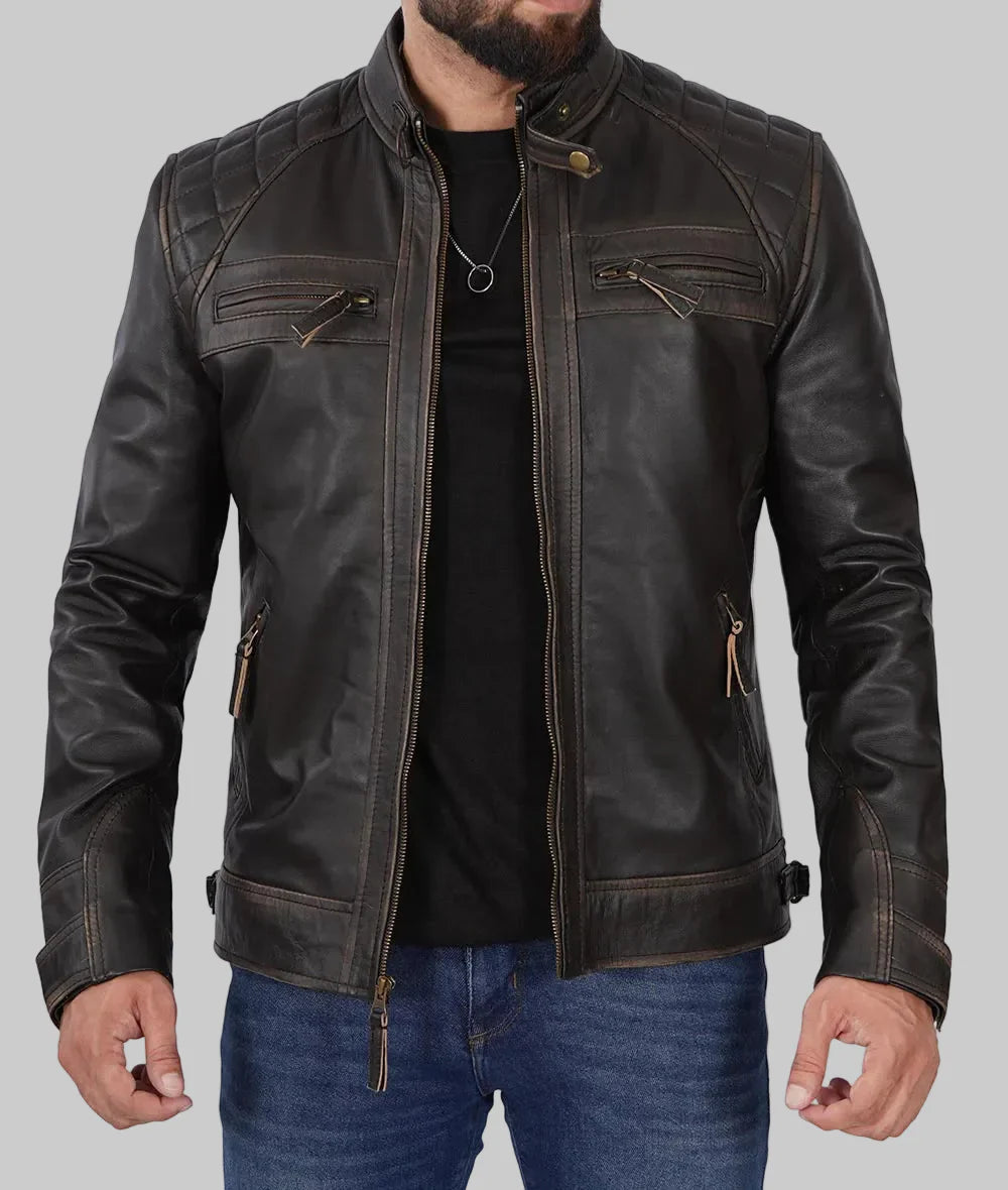 Men’s Distressed Cafe Racer Leather Jacket In Black