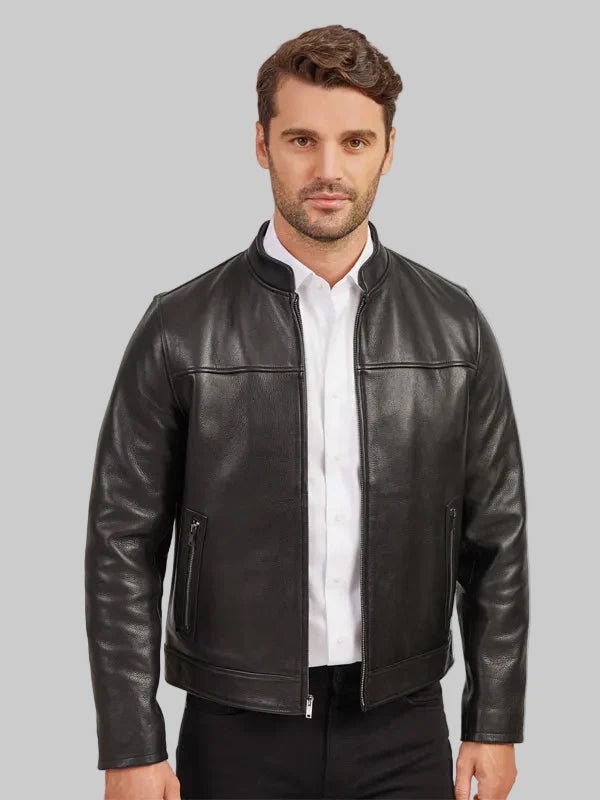 Men’s Simple Black Leather Racer Jacket