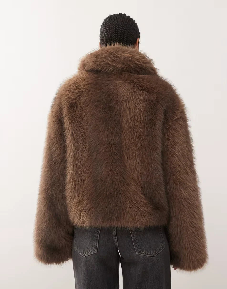 Monki-Short-Faux-Fur-Jacket-In-Brown