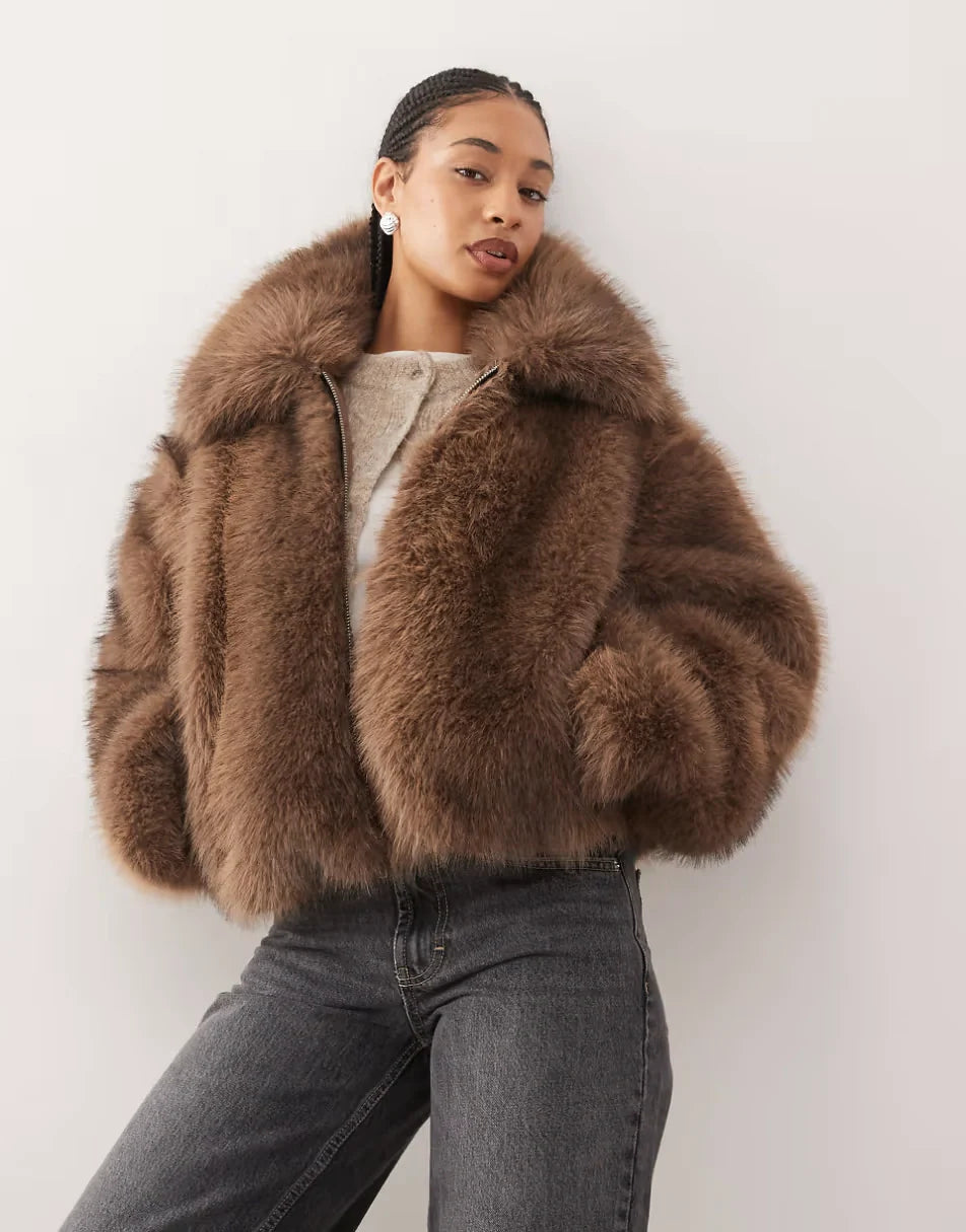 Monki-Short-Faux-Fur-Jacket-In-Mid-Brown