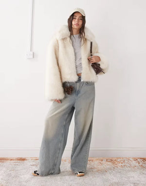 Monki-Womens-Short-Faux-Fur-Jacket-In-Off-White