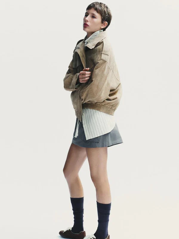 New-Zara-Women-Nwt-Suede-Leather-Jacket-Bomber-Brown-Taupe