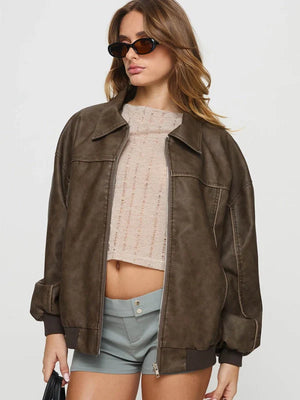 Princess-Polly-Goldsmith-Faux-Leather-Bomber-Jacket-In-Washed-Dark-Brown