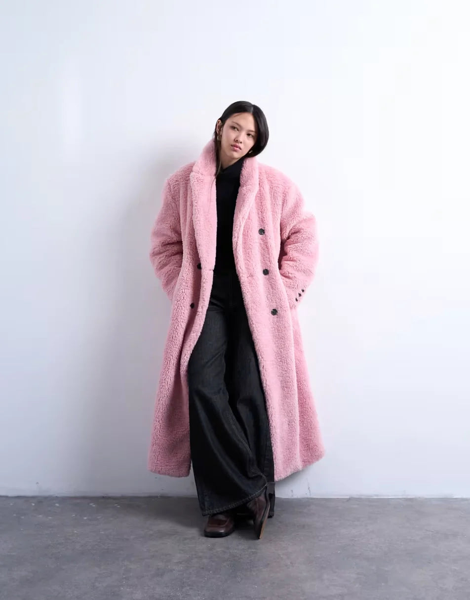 Topshop-Double-Breasted-Teddy-Longline-Coat-In-Pink