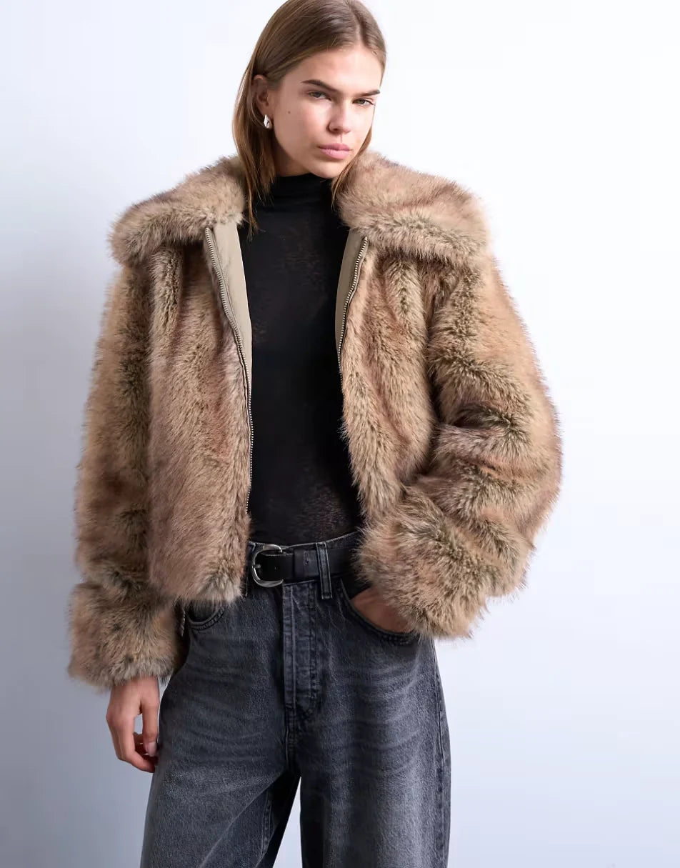 Topshop-Faux-Fur-Striped-Zip-Up-Bomber-Jacket-In-Light-Brown
