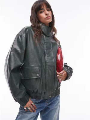 Topshop-Faux-Leather-Oversized-Bomber-Jacket-Green