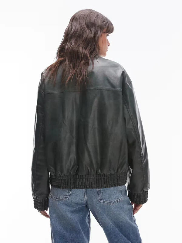 Topshop-Faux-Leather-Womens-Oversized-Bomber-Jacket-In-Green
