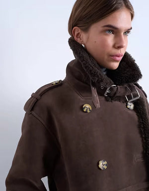 Topshop-Longline-Aviator-Faux-Shearling-Womens-Jacket-In-Chocolate
