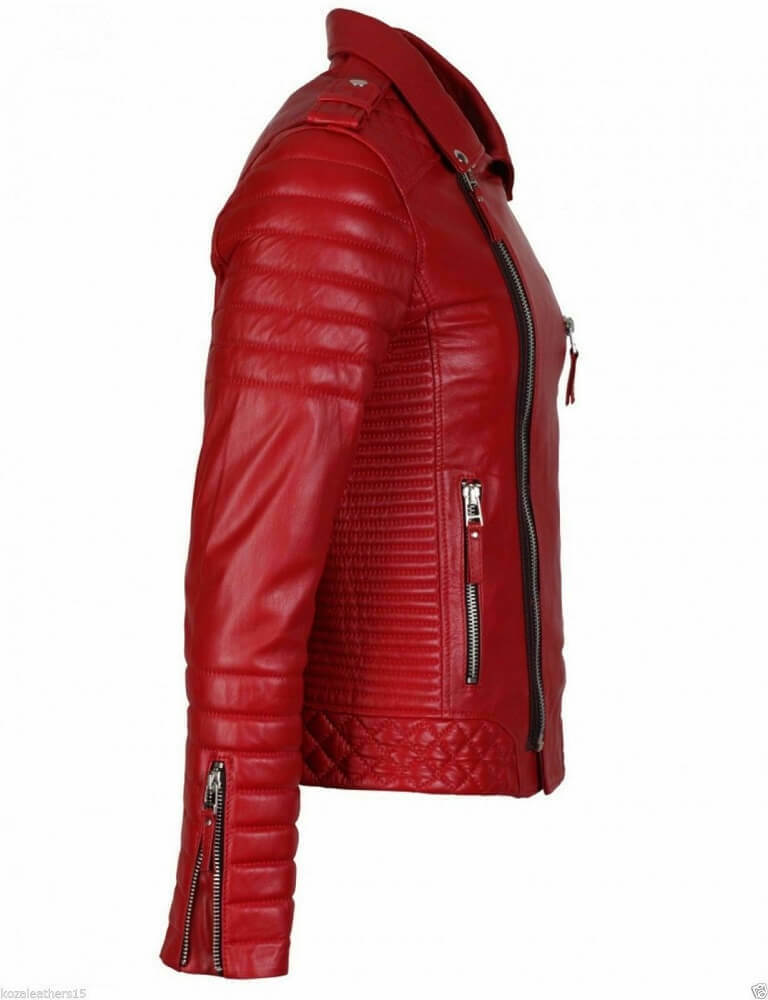 Trimbark Men Cafe Racer Red Leather Jacket Sale