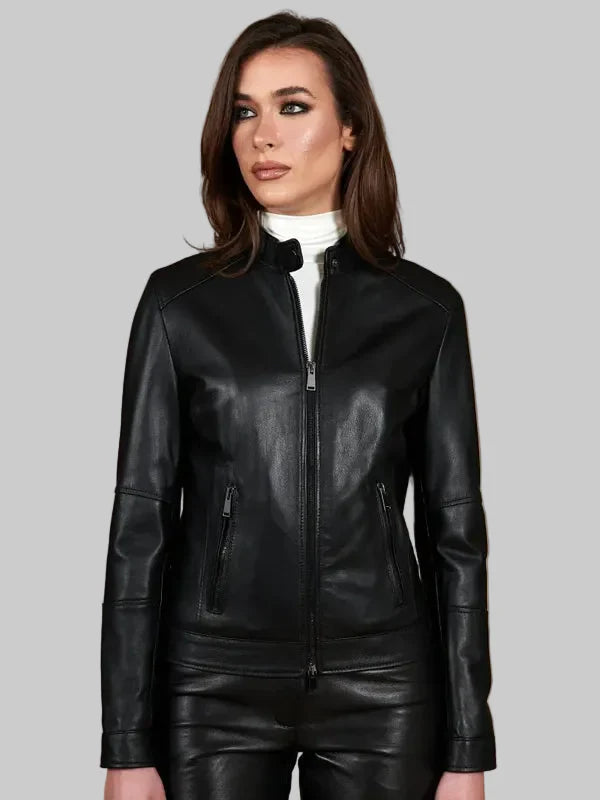 Women Black Nappa Lamb Leather Biker Jacket