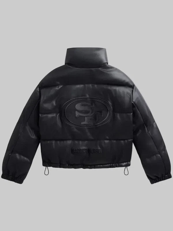 Womens-Black-San-Francisco-49ers-Faux-Leather-Puffer-Jacket-Back