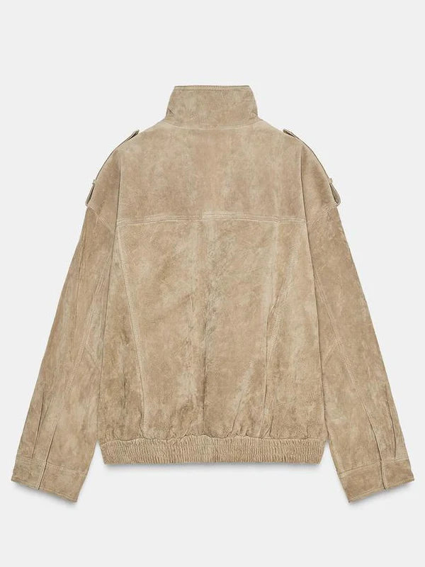 Zara-Woman-Nwt-Suede-Leather-Jacket-Bomber-Brown-Taupe-Back