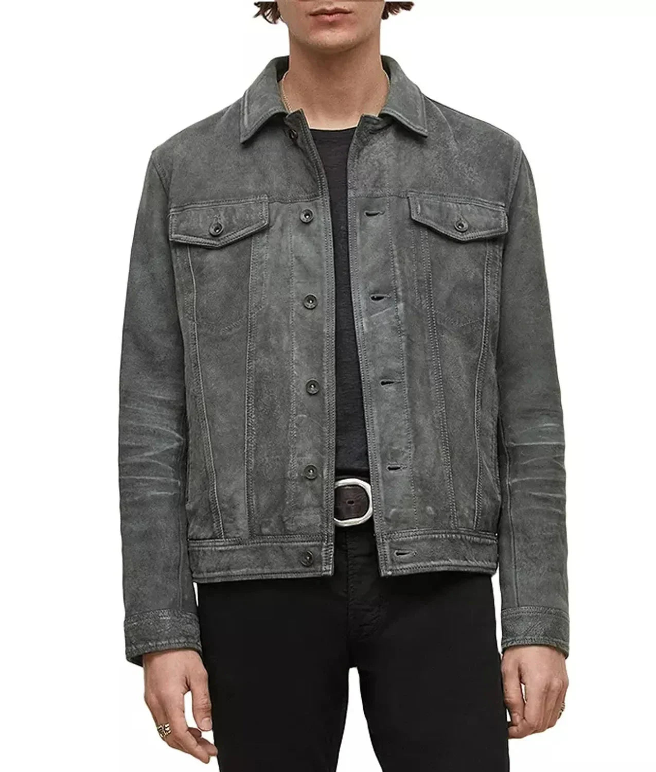 Trucker Suede Leather Jacket Men, Grey Zing Apparel