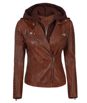 Women Leather Jacket With Hood Cognac Zing Apparel