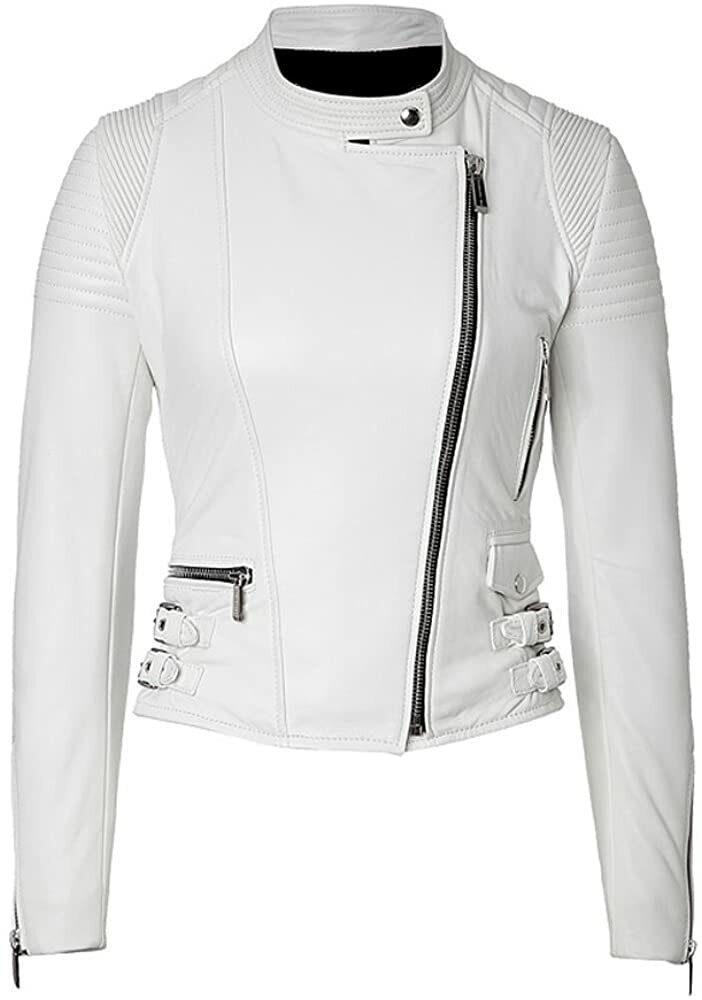 Biker Quilted Leather Leather Jacket Women, White Zing Apparel